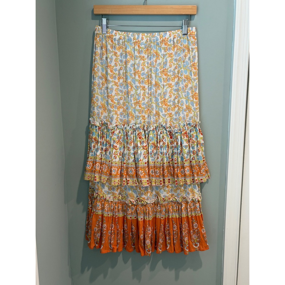 Cupcakes and Cashmere Floral Tiered Maxi Skirt Blue Orange Metallic Small